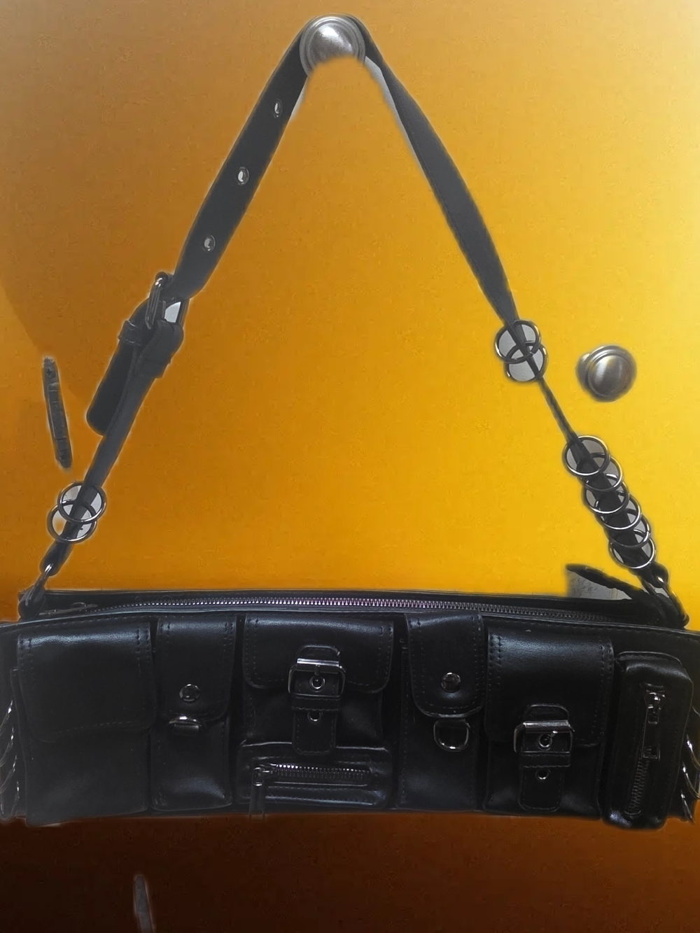 Black Multi-Pocket Crossbody Bag with Buckle Accents